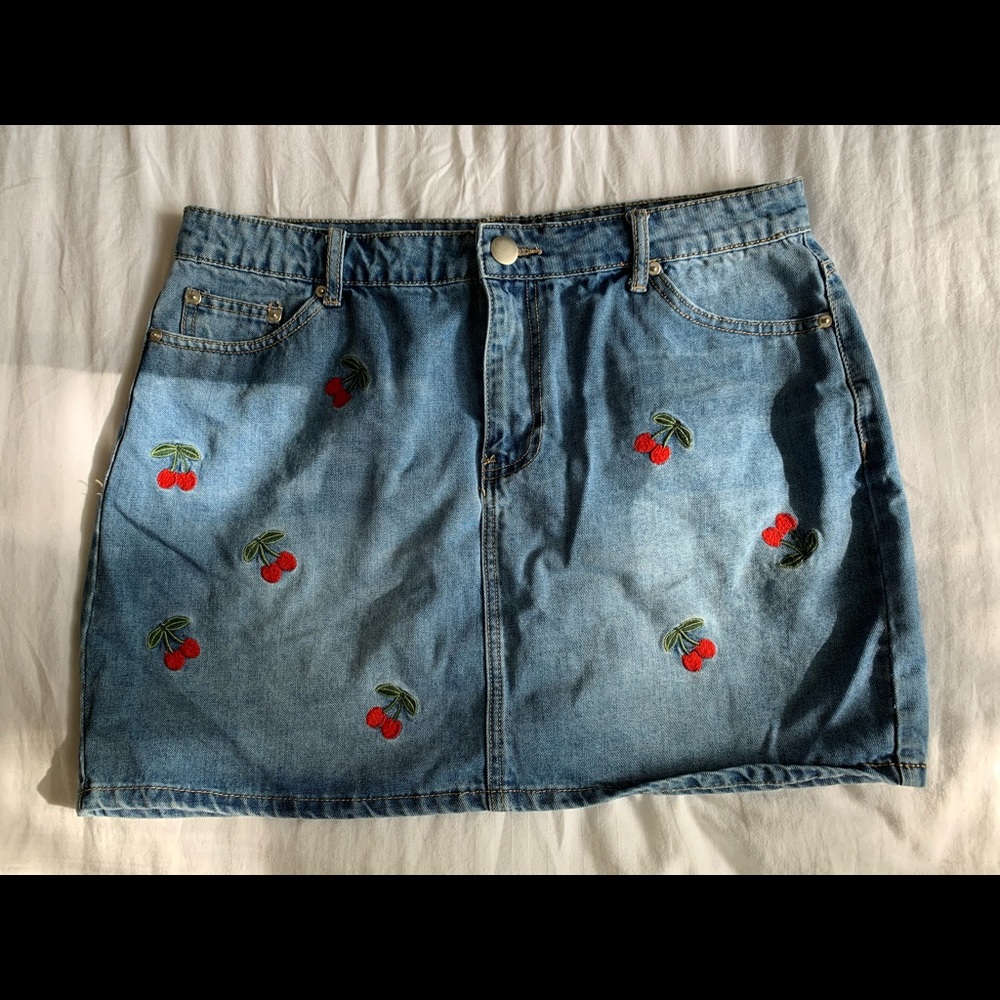 embroidered cherry denim mini skirt